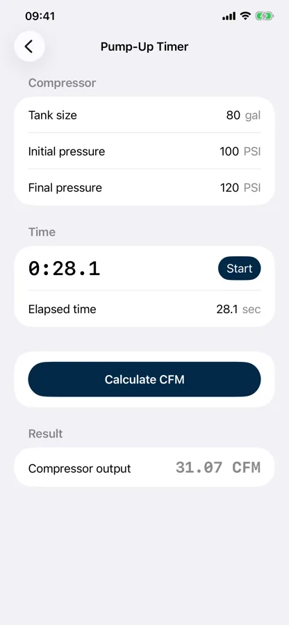 The Pump-Up Timer calculating compressor CFM