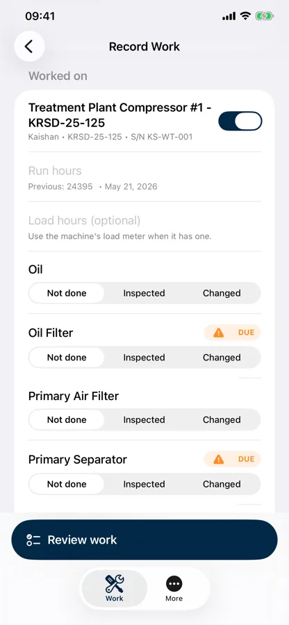 The Record Work screen: run hours, load hours, and each component marked Not done, Inspected or Changed