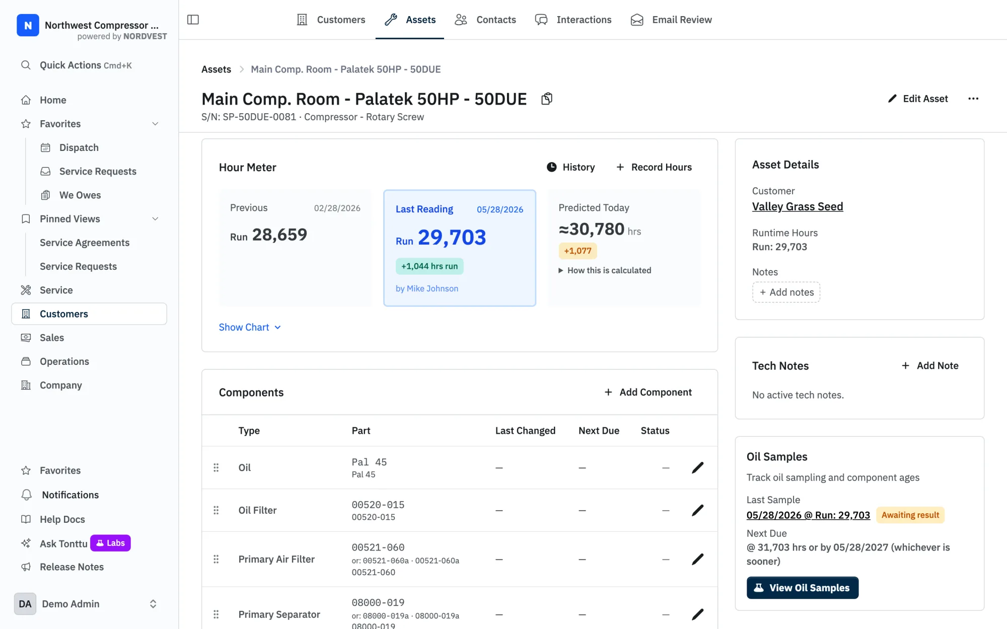 A compressor's page in NORDVEST: hour readings, components, service history and documents on one screen