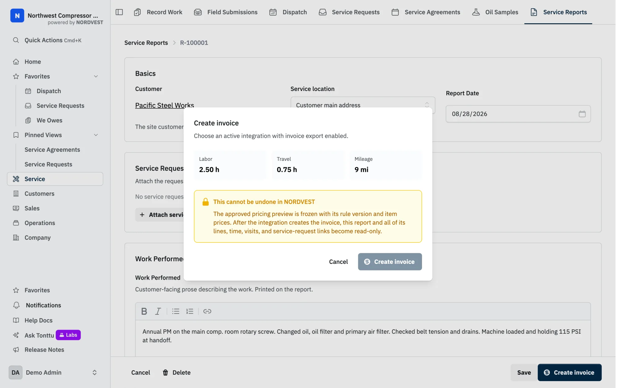 Creating an invoice from a NORDVEST service report: labor, travel and mileage summarized before it goes to accounting