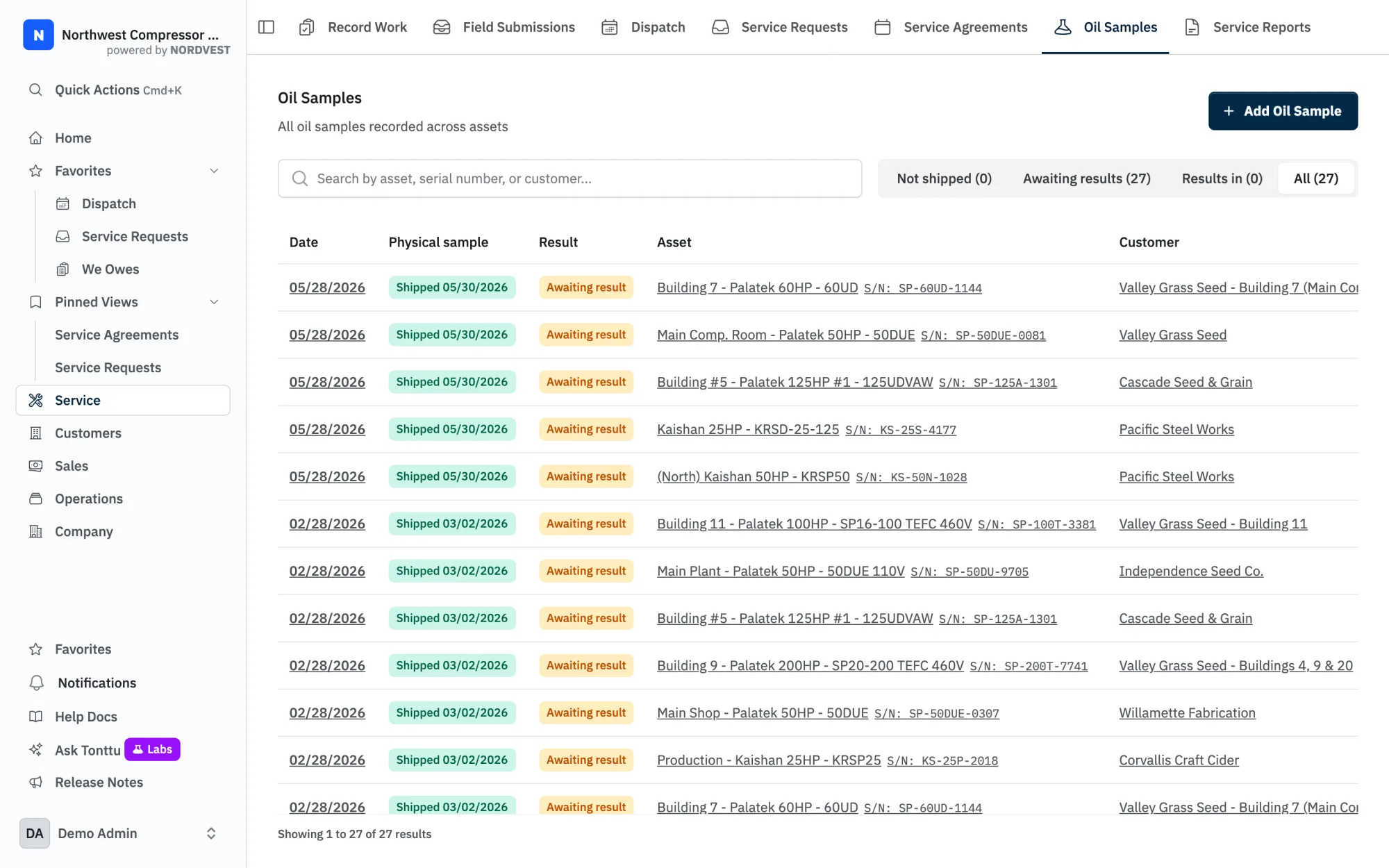 The oil samples list in NORDVEST: 27 samples across assets with dates, results and hours