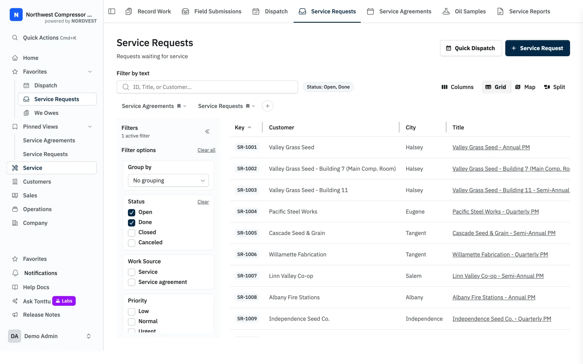 The NORDVEST service request list: PM work for seed mills, steel works and fabricators across the Willamette Valley
