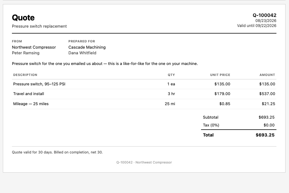 A printed NORDVEST quote, Q-100042, for a pressure switch replacement with travel and mileage, totaling $693.25