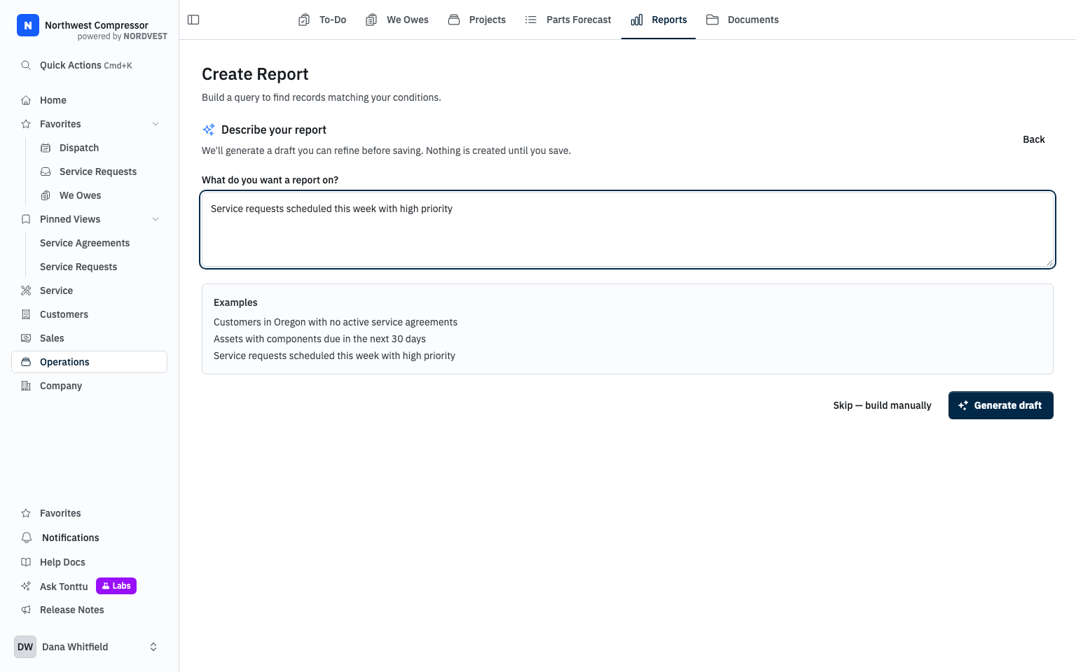 The NORDVEST report builder ready to generate a report from a plain-language request