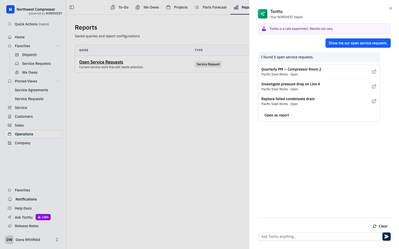 Tonttu listing open service requests with the Open as report action